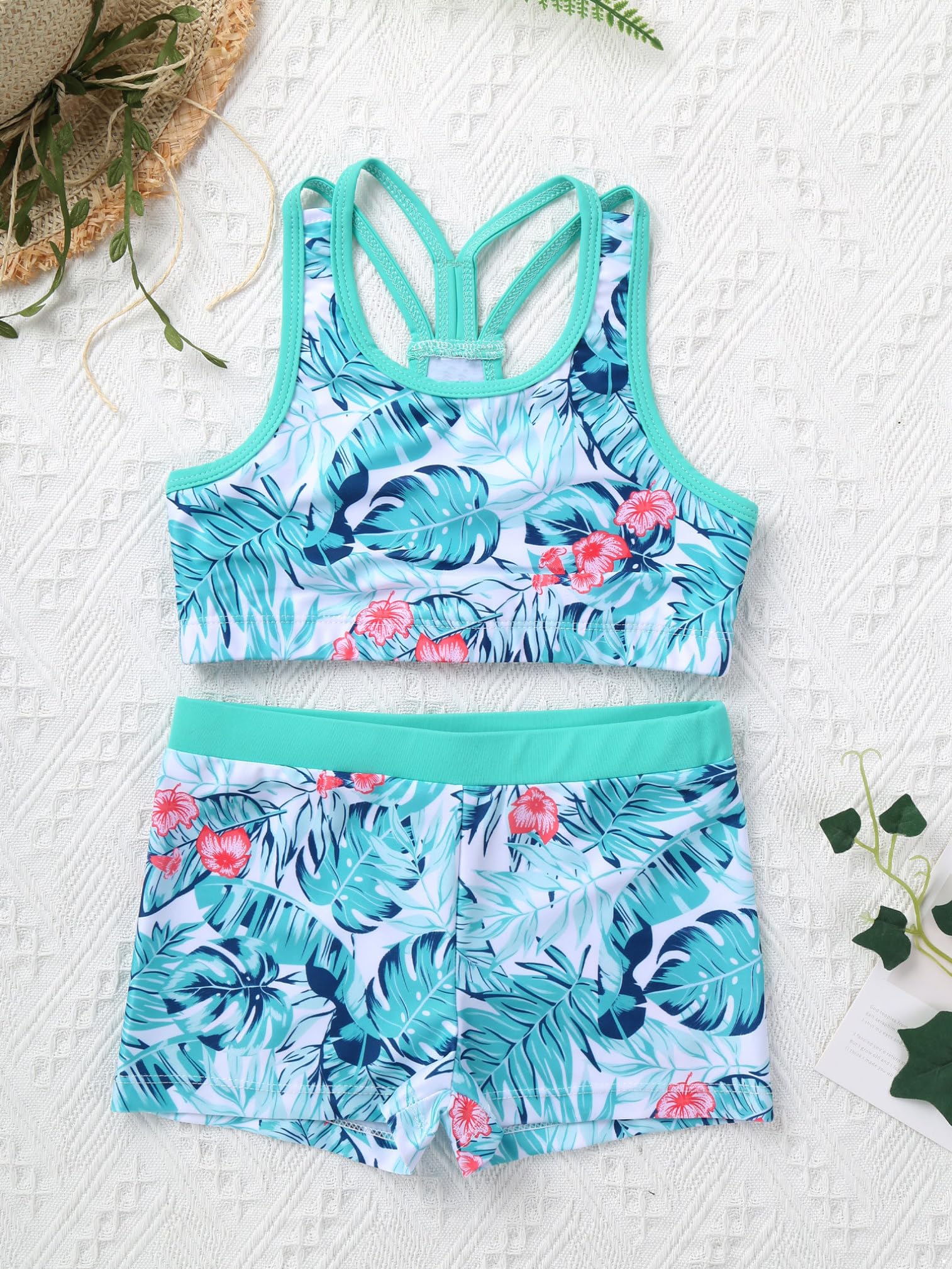 ranrann Enfant Fille Maillot de Bain 3 Pièces Anti UV T-Shirt de Bain Haut et Short de Bain Ensemble Tankini 7-16 Ans B Turquoise 11-12 Ans