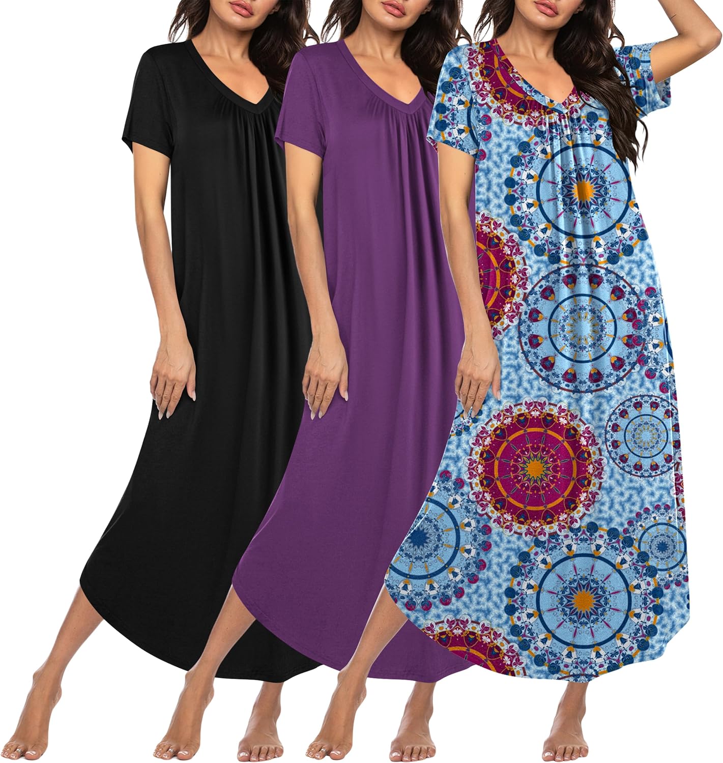 Ekouaer 3 Pack Long Nightgowns for Women Plus Size House Dress Short Sleeve Night Gown V Neck Casual Nightshirt M-5XL