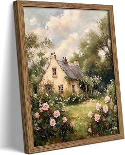 English Cottage Framed Canvas Wall Art, Vintage Garden Cottage Painting Print Picture, Cottagecore Farmhouse Landscape Wal...