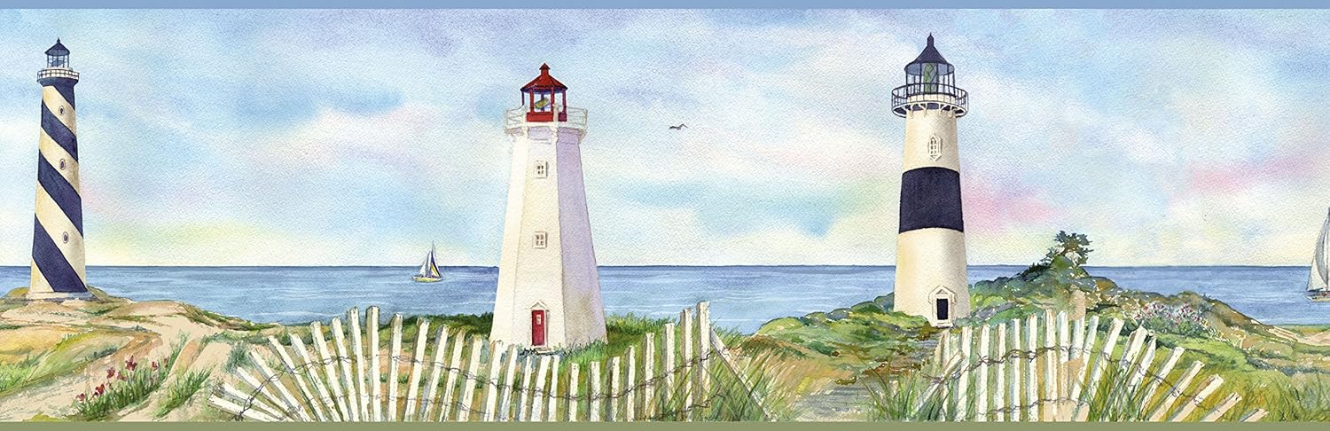 Chesapeake BBC46071B Eugene Light Coastal Lighthouse Portrait Wallpaper Border, Blue