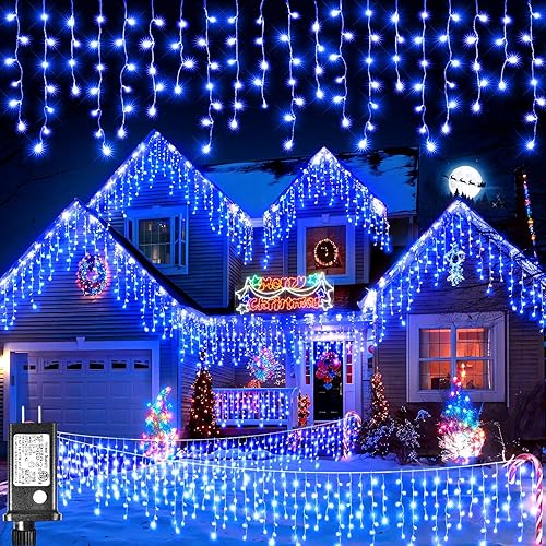 Miniatura 21 de Luces de carámbano para exteriores, 33 pies, 400 luces LED de Navidad para exteriores con 8 modos, 75 gotas, tira de luces impermeables para