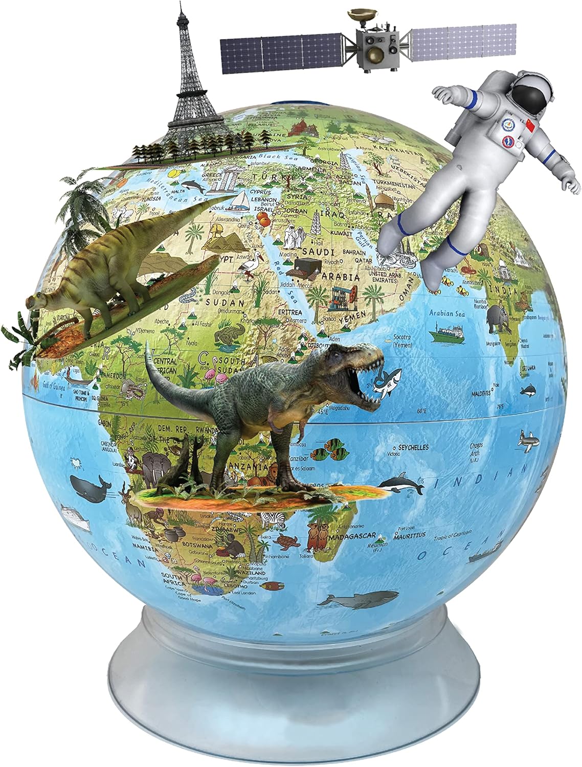 Day/Night Illuminated 12" Diameter Augmented Reality Kids Globe with Free Mount Base, Two way Map and Touch Light Control. The Day globe shows the striking colors of a blue ocean political map with 100 of drawings of ocean life, people, landmarks when not lit. Turn the light on and witness the incredible change to the sky at night. The Night globe names and shows 88 constellations and more than 35 of the brightest stars.