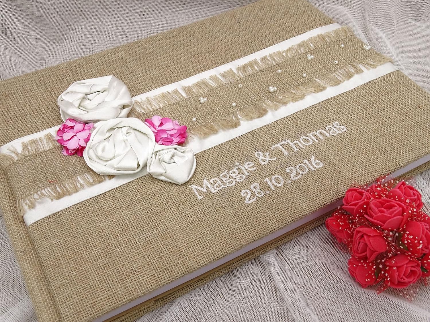 Custom Rustic Wedding Jute Burlap Guest Book Handmade Bride & Groom Advice Guestbook - 50 Pages