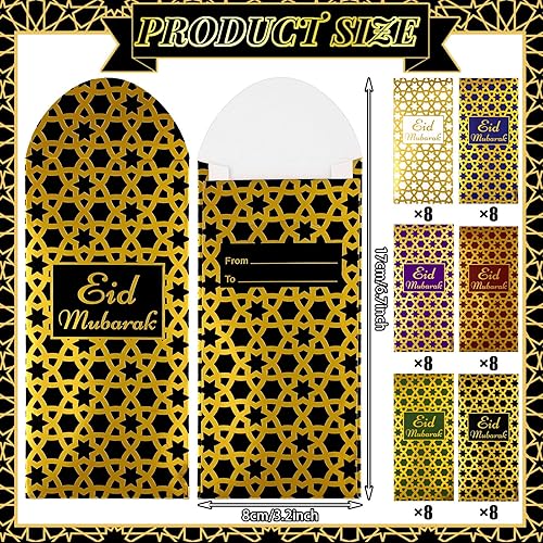 Miniatura 2 de Jetec 48 sobres de dinero Eid Mubarak para regalos en efectivo, sobres de dinero Eid con diseño de impresión de lámina dorada, tarjeteros de regalo
