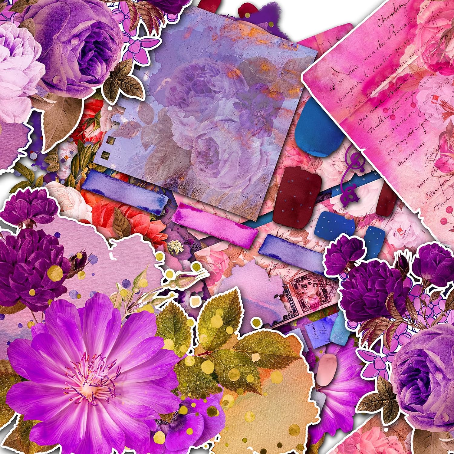 Decoupage Paper Pack (15 Sheets 8"x11") Purple Memories, Old Letters and Flower Smells HANATABA Vintage Art Deco Styled Ephemera Pictures for Decoupage Craft and Scrapbooking
