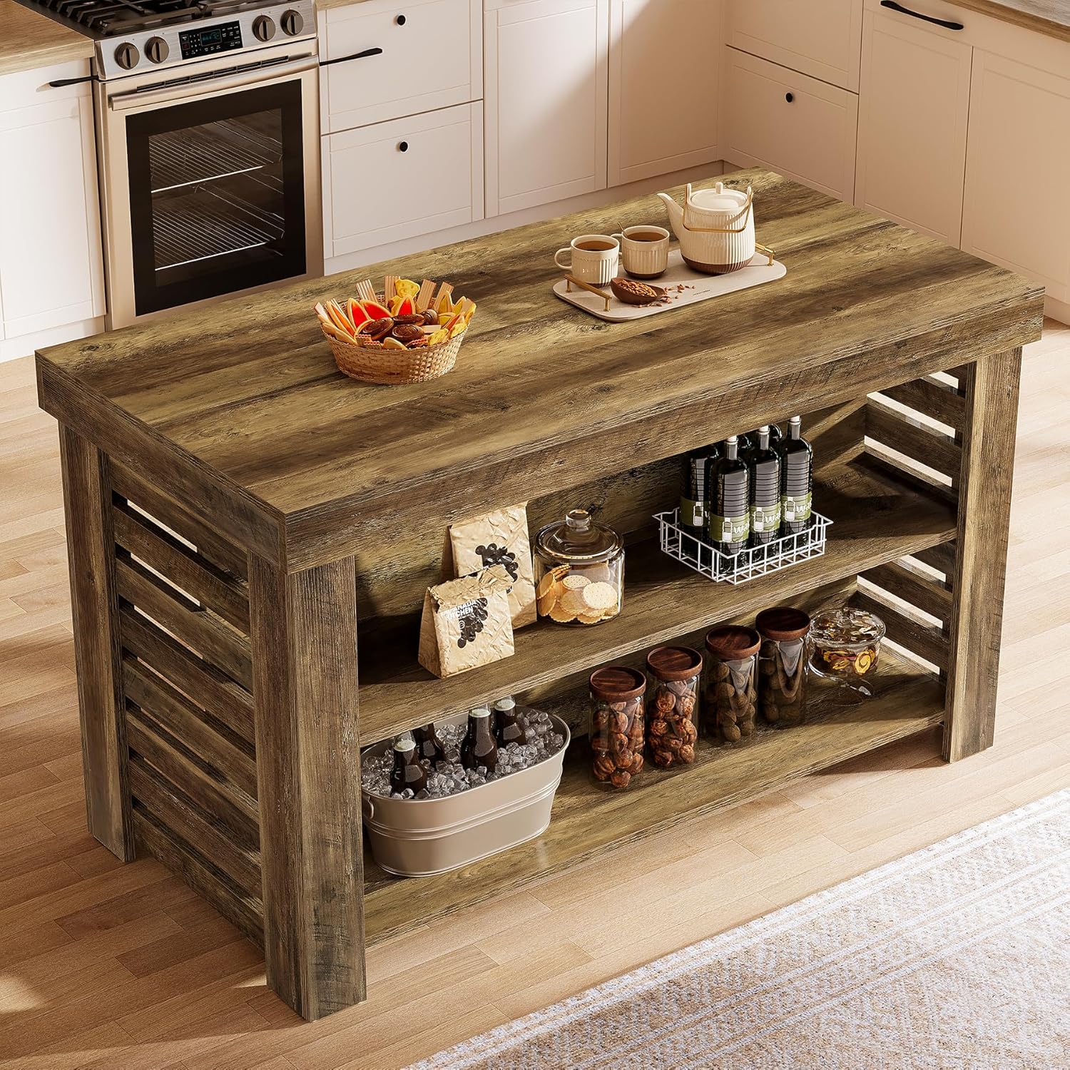 Tribesigns 55" Kitchen Island with Seating and Storage, 3-Tier Farmhouse Wood Stationary Island Table with Large Work Surface & Leg Room, Coffee Bar Table with Storage Shelves for Kitchen, Dark Brown
