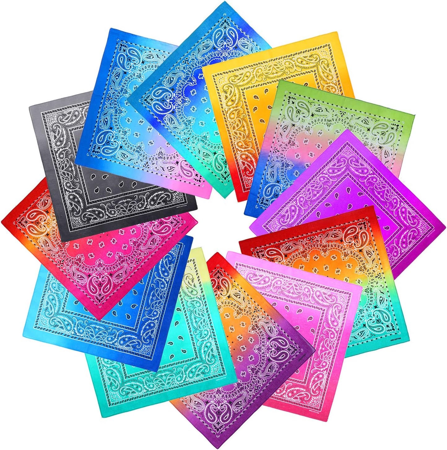 12 Pack Novelty Gradient Cotton Bandanas Paisley Print Head Wrap Handkerchief