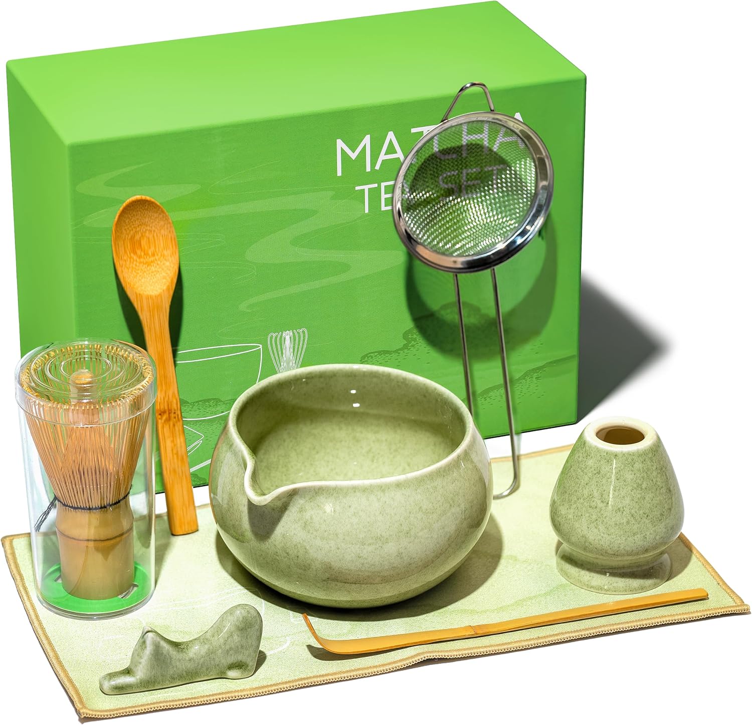 Matcha Whisk Set, 8 Pcs Matcha Kit with Ceramic Bowl, Mottled Green