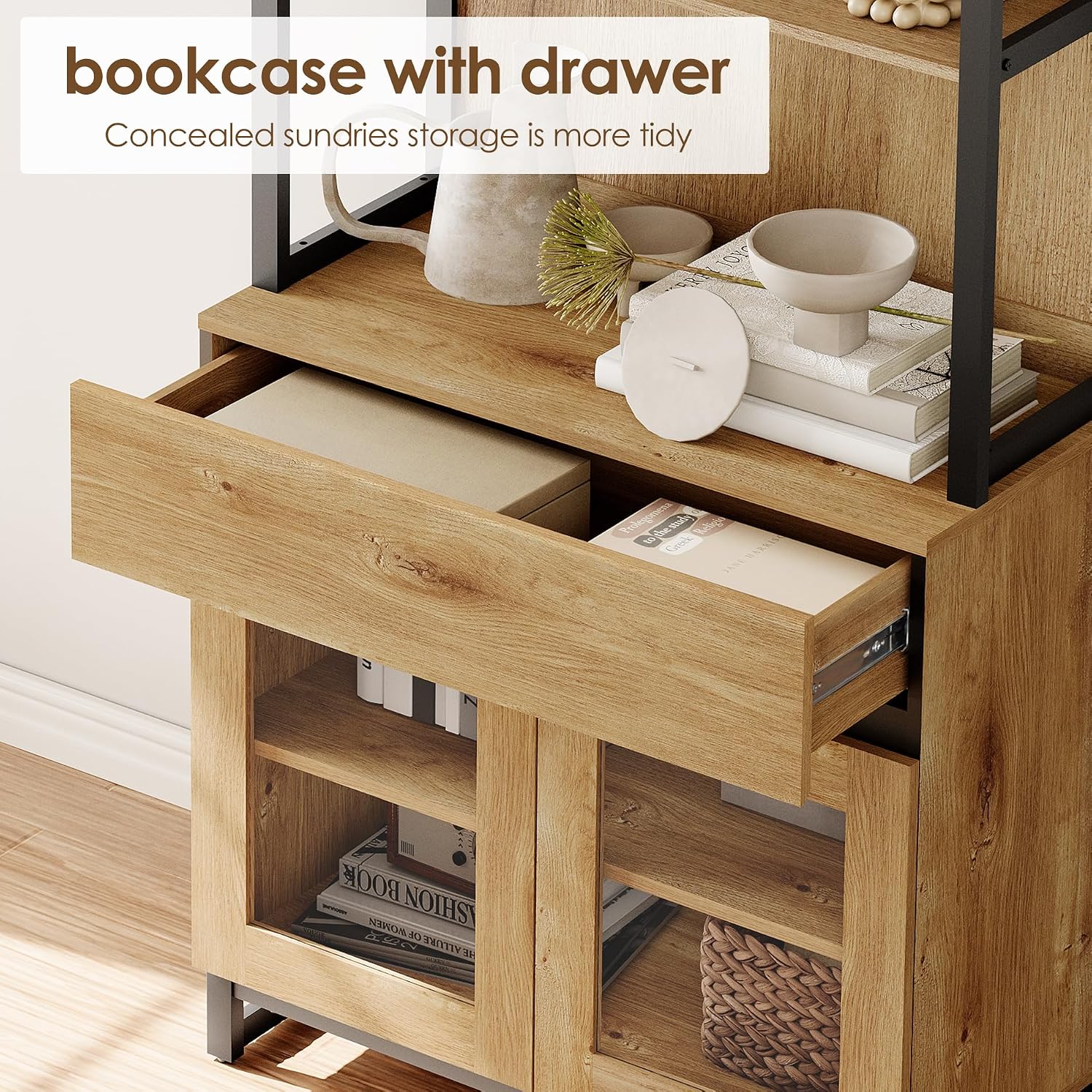 WAMPAT Modern Wall Unit TV Stand with 3 Tiers Bookshelf, Farmhouse Entertainment Center with 4 Drawers and Adjustable Shelf, Wooden Media TV Console with Glass Doors for Living Room, Oak