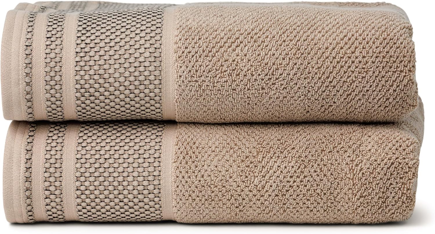 Texere 100% Organic Cotton Rice Weave Jacquard 700 GSM Luxury Bath Towel Sets - Ultra Soft and Absorbent Hotel and Spa Quality (Rice Weave, Oxford Tan, 2 Bath Towels)