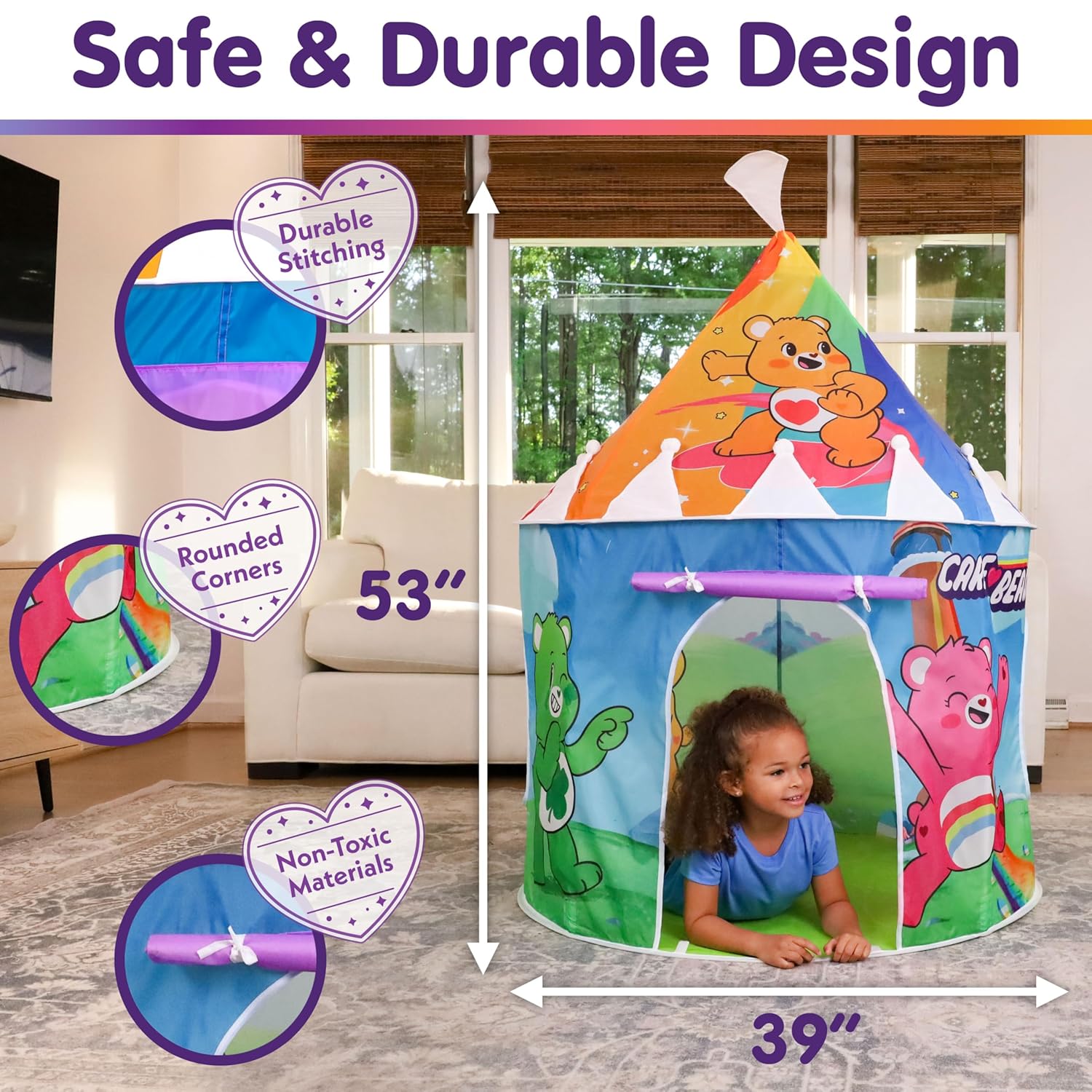 Care Bears Castle Tower Pop-Up Tent for Kids, Indoor & Outdoor Playhouse with Colorful Graphics & Roll-Up Door, Easy Setup & Foldable Design, Imaginative Play for Toddlers & Children, 2+