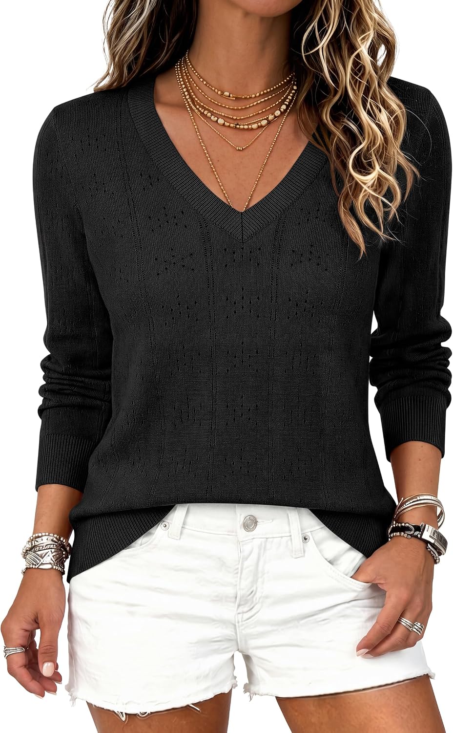 46% off on Caracilia Womens Long Sleeve V Neck Eyelet Sweaters