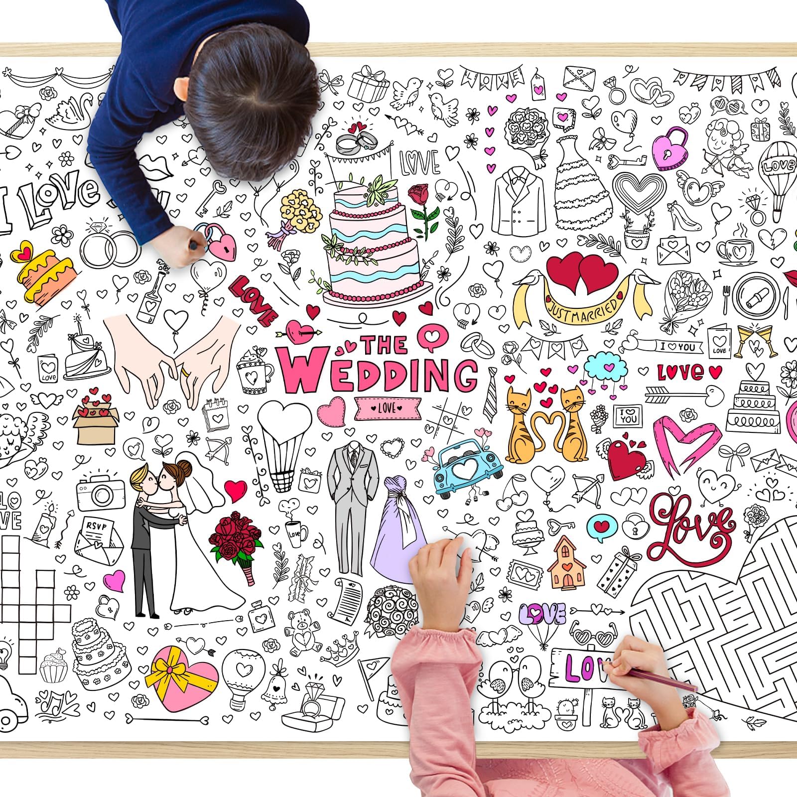 GWHOLE Giant Coloring Poster 40 x 28 Inch Table Cloth Wedding Themed Coloring Tablecloth Colorable Tablecloth for Wedding, Bridal Shower