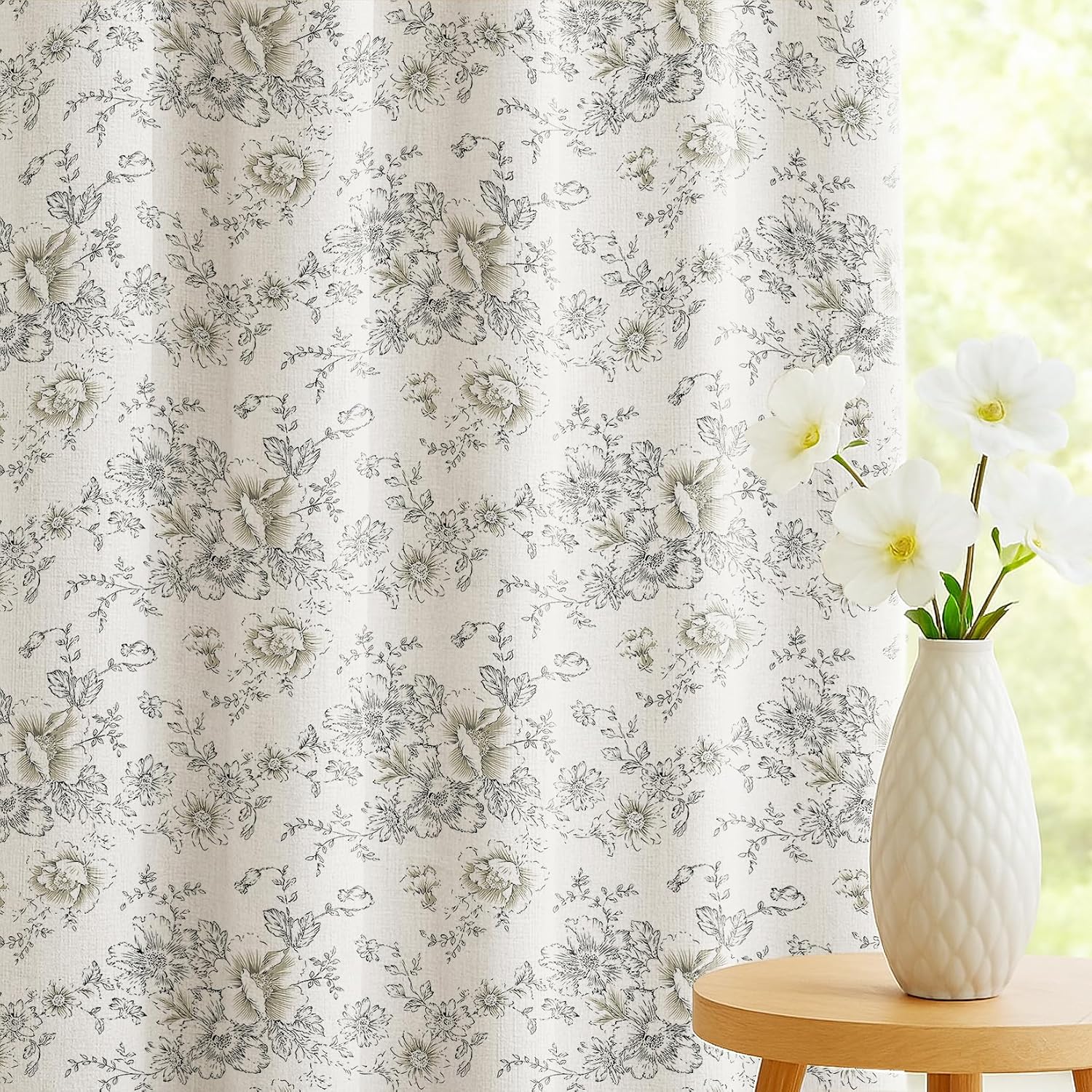 LOVOUS Farmhouse Floral Curtains 63 Inch Length Linen Light Filtering French Country Window Curtain for Living Room Bedroom Rod Pocket Black Peony Flower Patterned Drapes,2 Panels