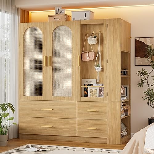 PAKASEPT 3 Doors Farmhouse Armoire Wardrobe Closet with Rattan,71'' Tall Freestanding Wooden Wardrobe Storage Cabinet for Bedroom with Hanging Rod,Vanity Mirror,Drawers,Clothes Hook,Shelves,Natural