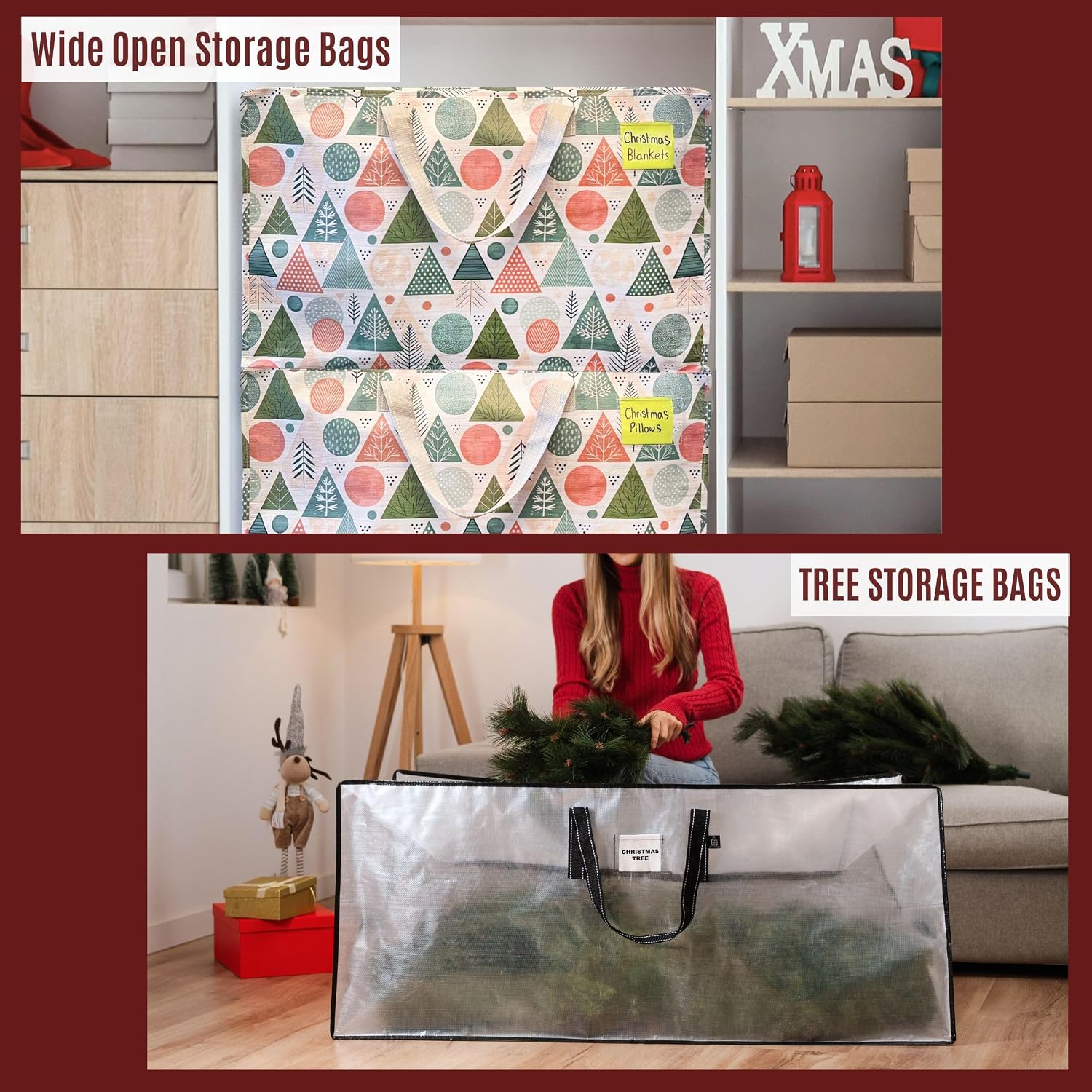 VENO 5 Pack Christmas Decoration, Tree Storage Bags (4 Pack Wide Storage Bags + 1 Pack 7.5 ft Tree Storage)