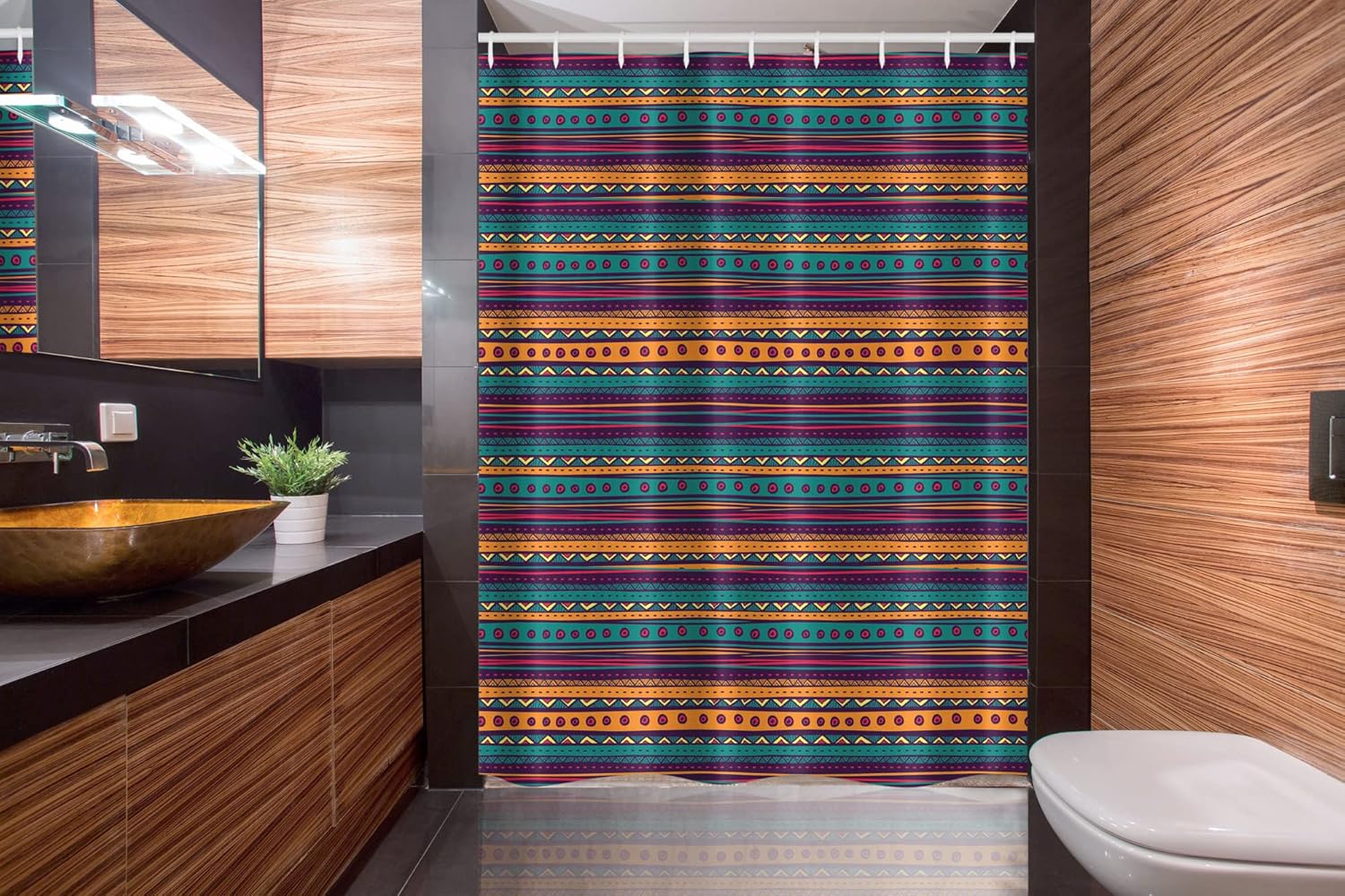 Ambesonne Tribal Stall Shower Curtain, Striped Retro Pattern Rich Mexican Color Folkloric Print, Fabric Bathroom Decor Set with Hooks, 54" W x 78" L, Teal Plum and Orange