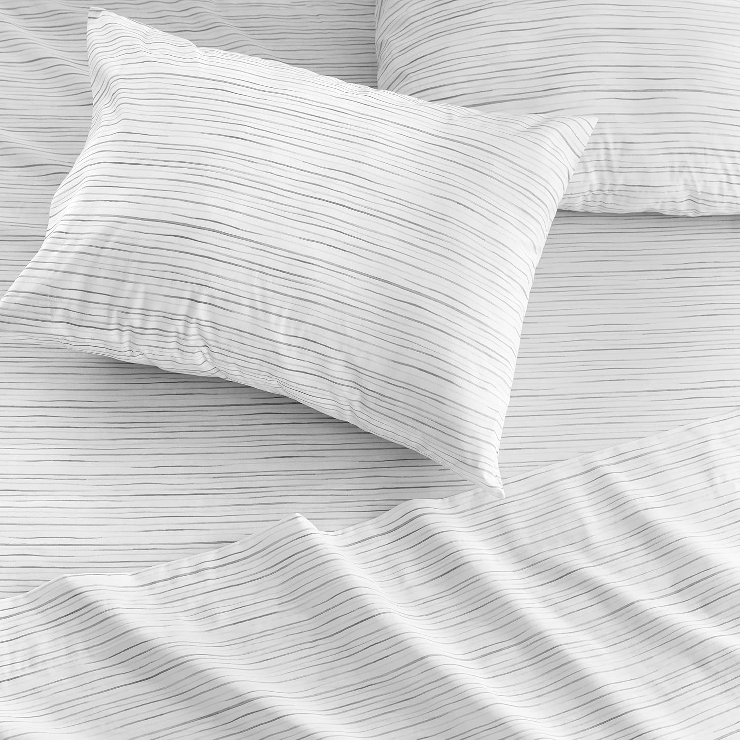 Welhome Marco Stripe Soft Finish 100% Cotton Percale Printed Sheet | 4 Piece Set | Queen | Storm Cloud | 300 Thread Count | Soft & Cool | Breathable | Durable | Easy Fit