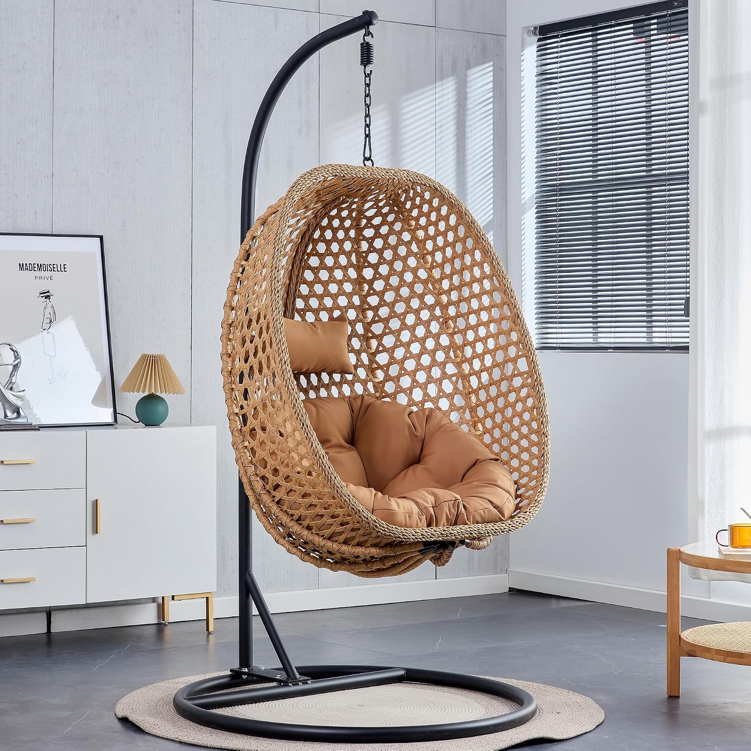 Egg Swing Chair with Stand Outdoor Indoor, Hanging Egg Chair with Cushions and Pillow,300lbs Capacity for Porch, Patio, Bedroom, Balcony, Khaki