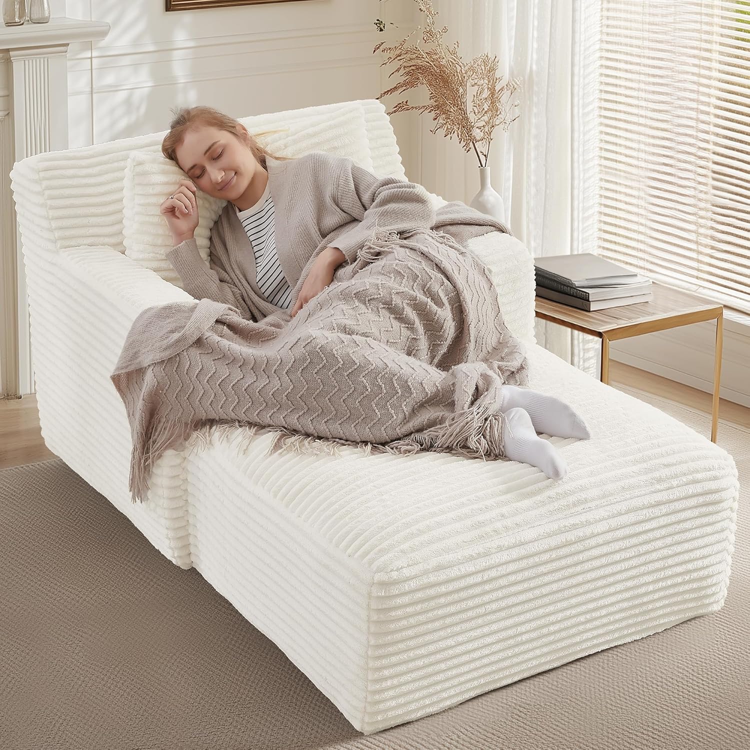 65.4" Oversized Chaise Lounge, Corduroy Upholstered Foam Lounge Chair, Deep Seat Lounge Couch, Cozy Oversized Reading Chair for Living Room, Bedroom, Home Library, No Assembly Required- Beige