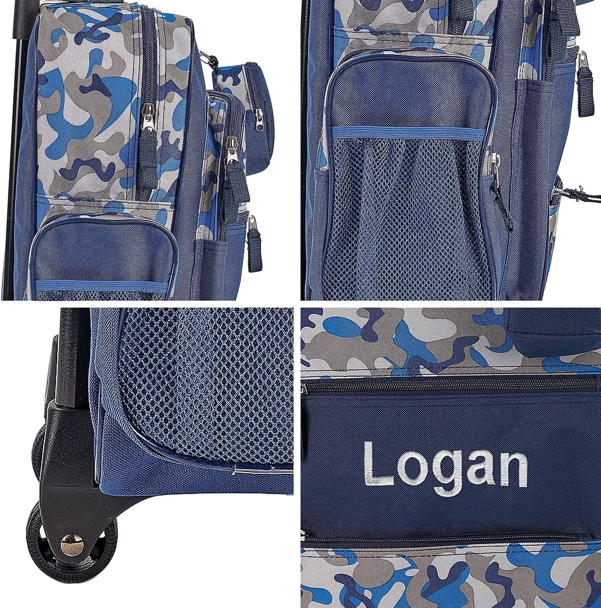 Lillian Vernon Personalized Rolling Luggage for Kids, 5-Pocket Blue Camo Suitcase Set With Clip-On Pouch, Customizable Boys Travel Carrier on Wheels, 5W x 12