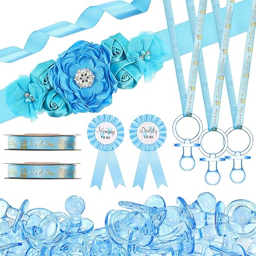 Konohan 53 piezas de regalos de baby shower para niños cinturón de flores de maternidad azul grande chupete de acrílico para mamá para ser papá pin