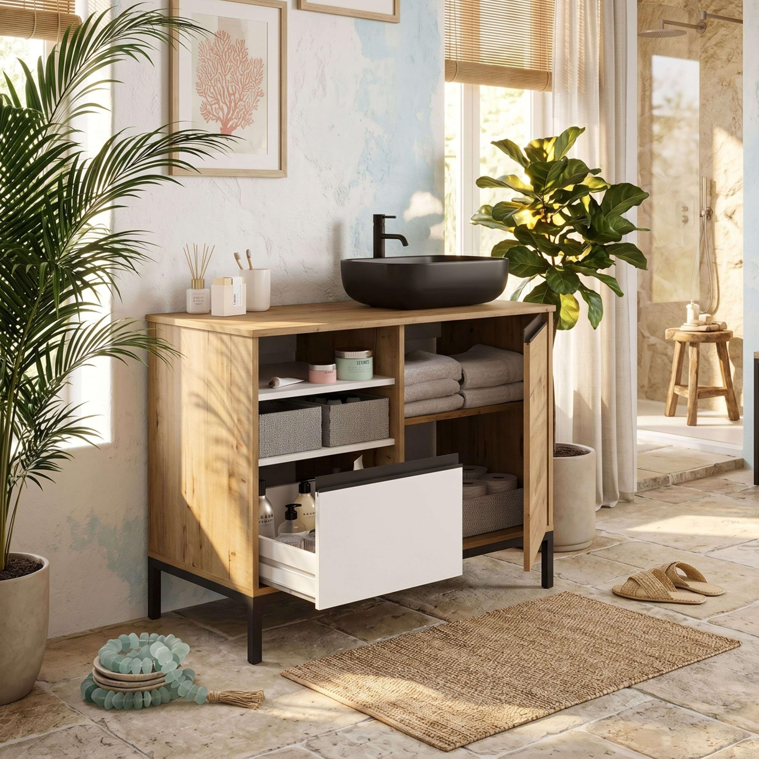 Miroytengo Mueble de Baño 100 cm Támesis con Patas Roble Gold y Blanco Mate (con Lavabo Cerámico)