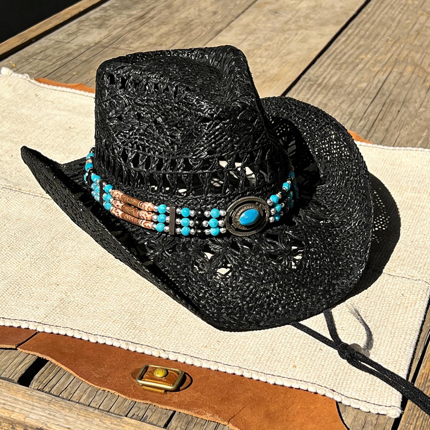 Carnavalife Western Straw Cowboy Hat for Men and Women with Beaded Band, Adjustable Boho Summer Festival Style