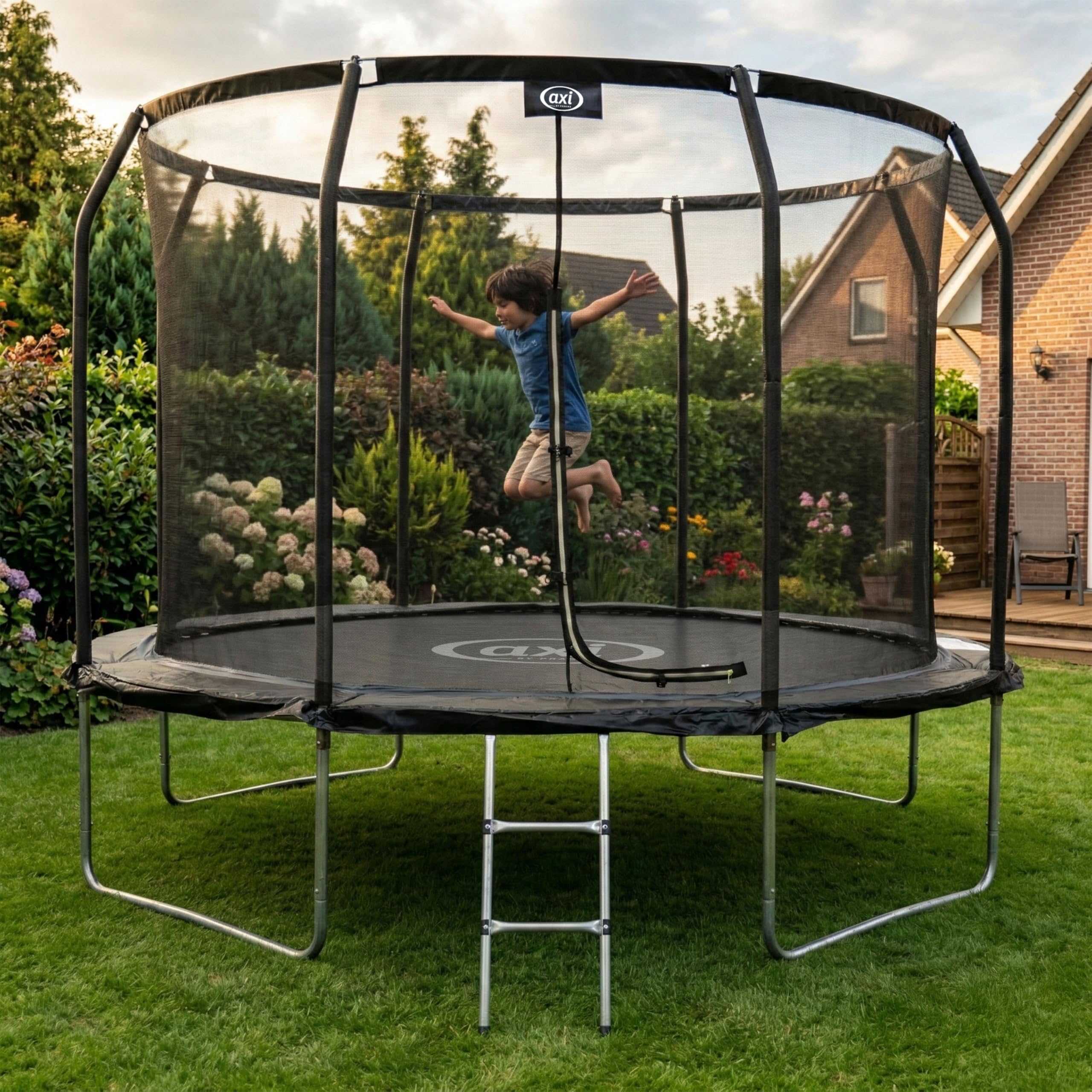 AXI Houston Trampolin rund mit Netz, Inklusive Leiter - Schwarz | Onground Trampolin für Kinder mit Schutzrand | Für den Garten/Outdoor.