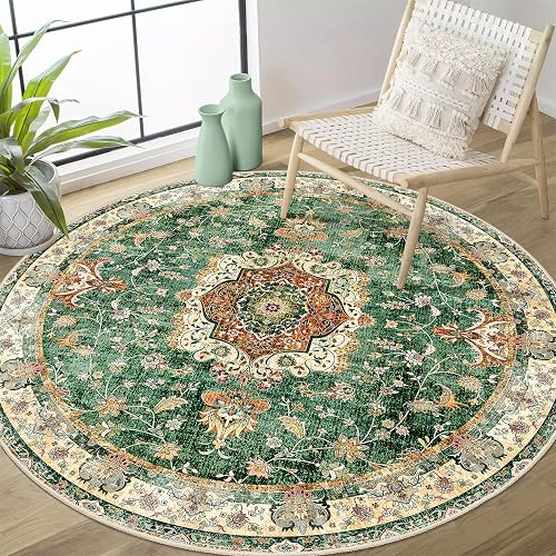 Castage Green Round Rug 4ft,Circle Washable Area Rugs for Bedroom Bathroom Entry