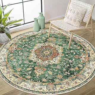 Runder Teppich, rund, rund, waschbar, für Schlafzimmer, Badezimmer, Eingangsbereich, Küche, kleiner Boho, Vintage, Bohemian, orientalisches Blumenmuster, rutschfest, Retro, Salbeigrün