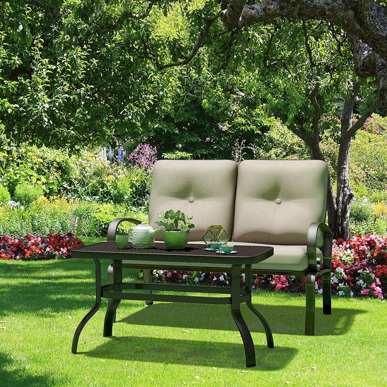 Goplus SPSUPE 2 Pcs Outdoor Patio Loveseat with Coffee Table, Metal Frame Bench with Cushion, Furniture Set Sofa, Ideal for Patio, Garden or Poolside