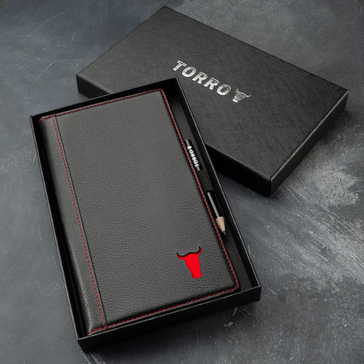 TORRO Large Golf Scorecard Holder – Genuine Leather Pro Golf Score Card Wallet with Card Slot and Pencil (Black with Red Detail)