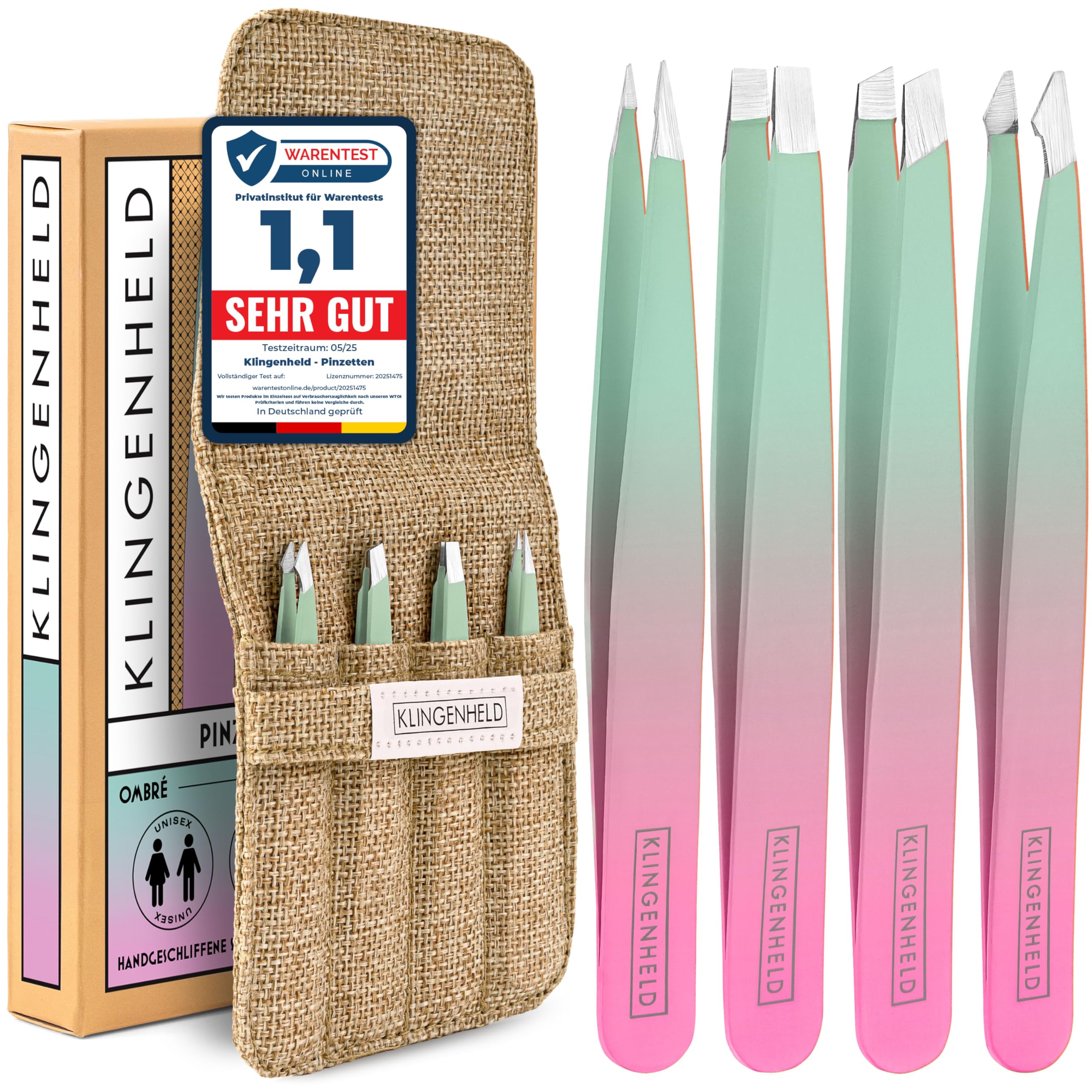 KLINGENHELD® Präzises Pinzetten-Set mit handgeschliffenen Spitzen - Perfekt für alle Anwendungsbereiche - inkl. Baumwoll-Etui 100% plastikfrei & nachhaltig - Pinzette Augenbrauen zupfen, 21 Farben
