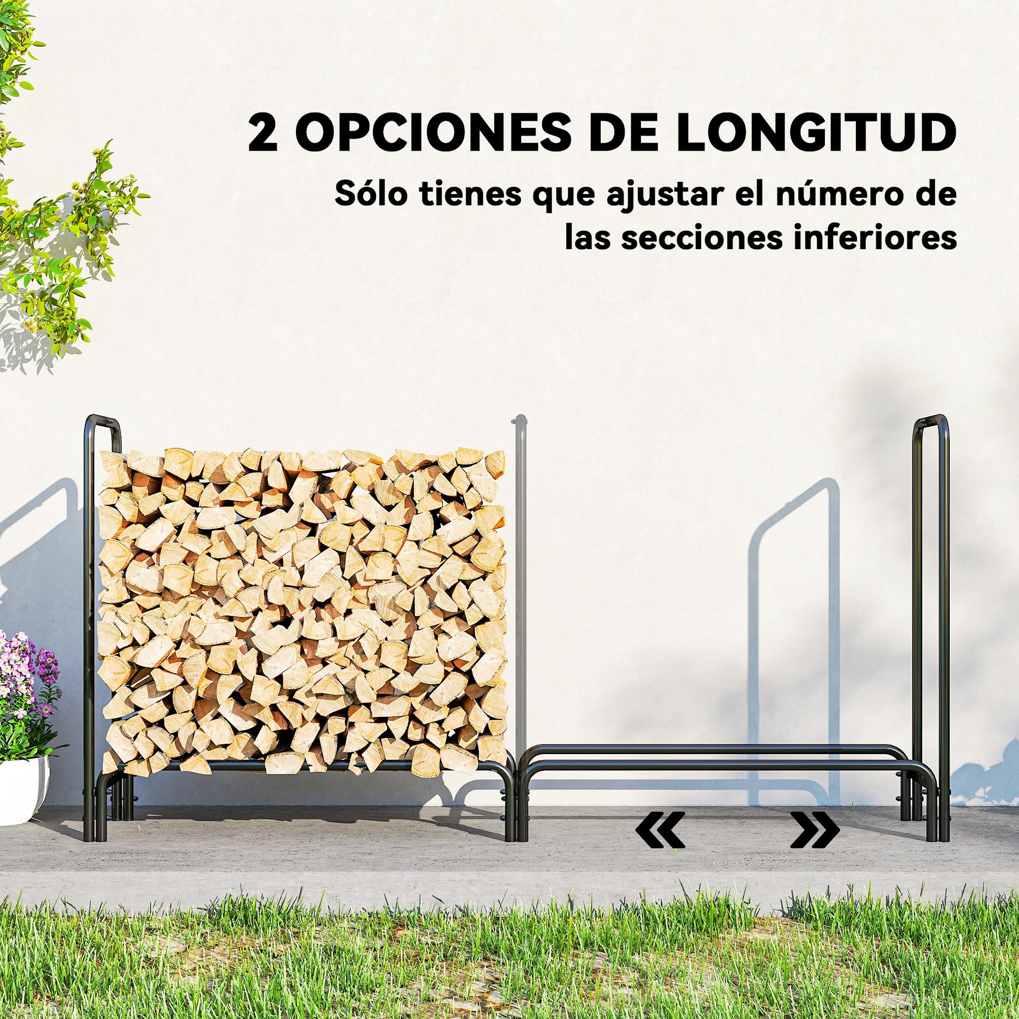 Outsunny Soporte para Leña Ajustable 200x36x99 cm Verde Oscuro y Negro