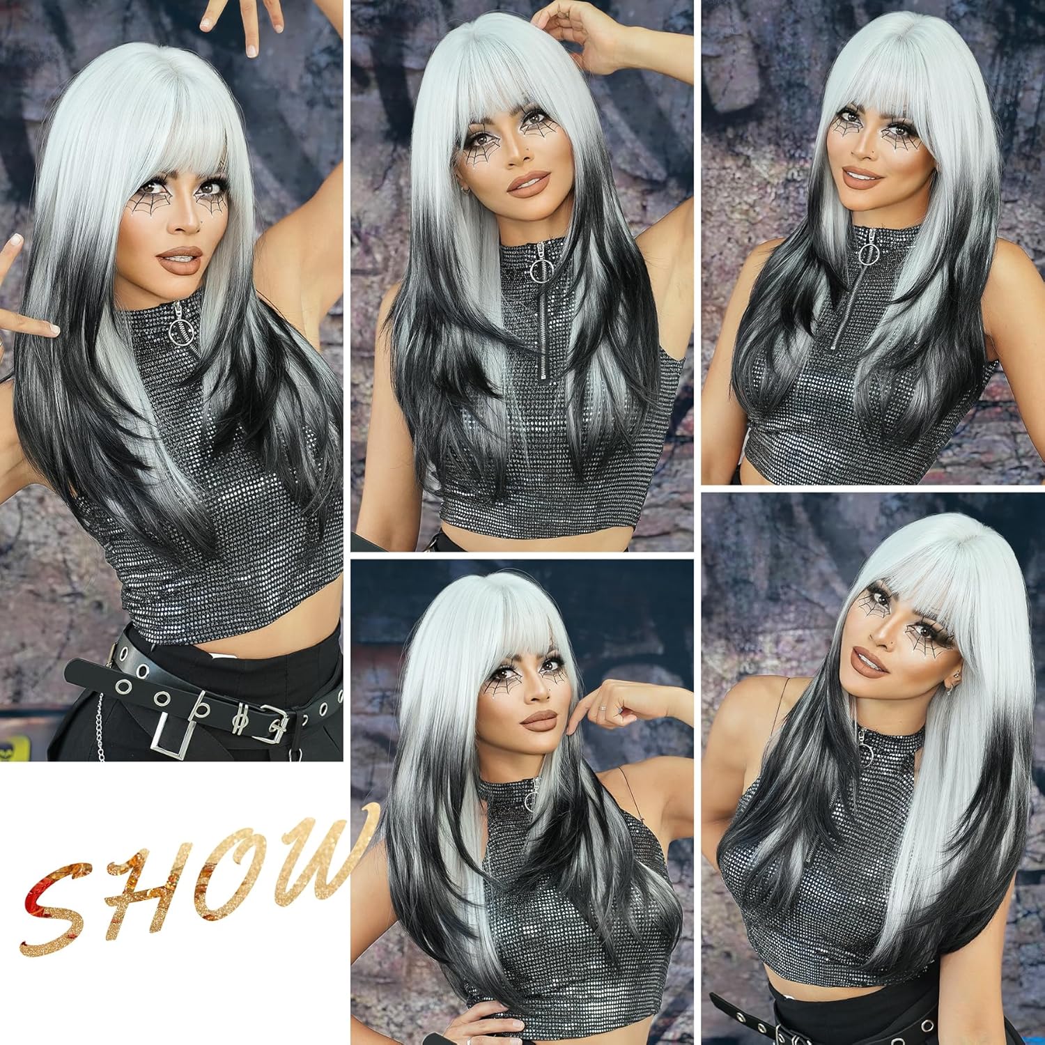 7JHH WIGS 25Inch Long Straight Layered Wig with Bangs Heat Resistant Black White Ombre Wig Make Natural Looking Wigs for Women Party Cospaly Curella Wig and Daily Used - Image 5