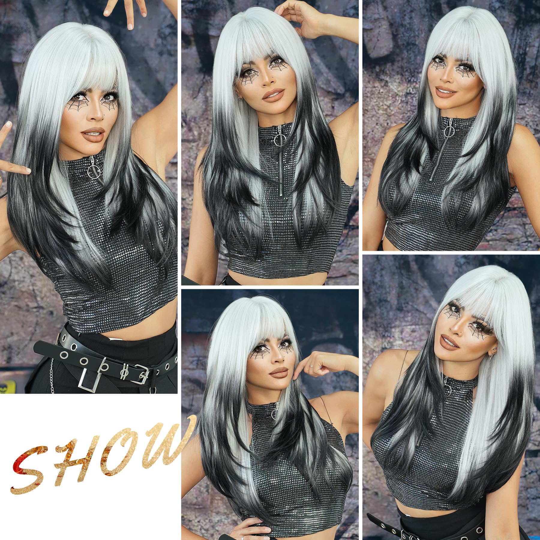 ?Ula Black & GREY Cosplay OMBRÉ BANG  Wig?*NWT* 22inch Ombre Black White Synthetic Wigs Layered Straight  main image 3