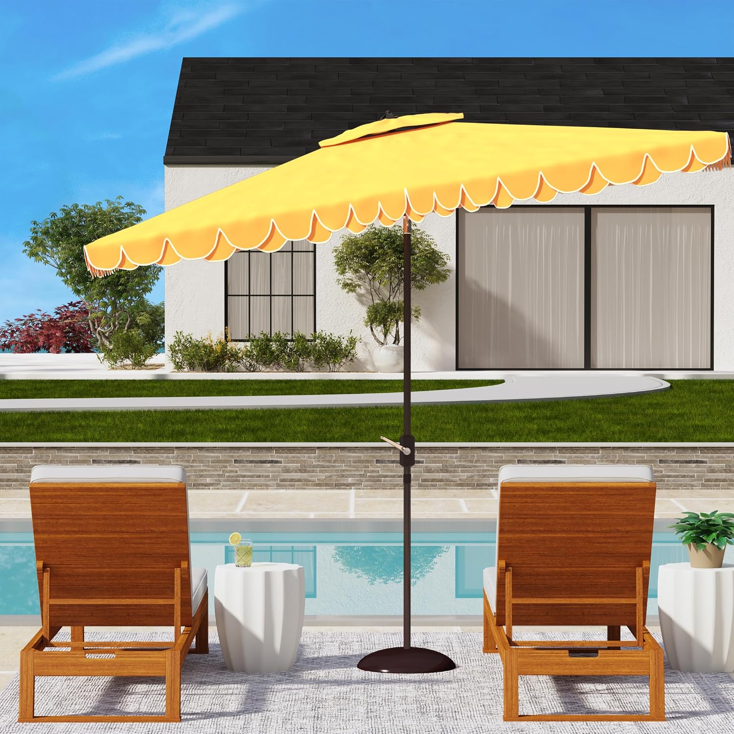 SAFAVIEH 6.5x10ft Outdoor Patio Umbrella, Rectangular, Valance, Yellow & White Trim, Auto Crank Tilt, UV Resistant for Deck, Backyard, Poolside (PAT8306B)