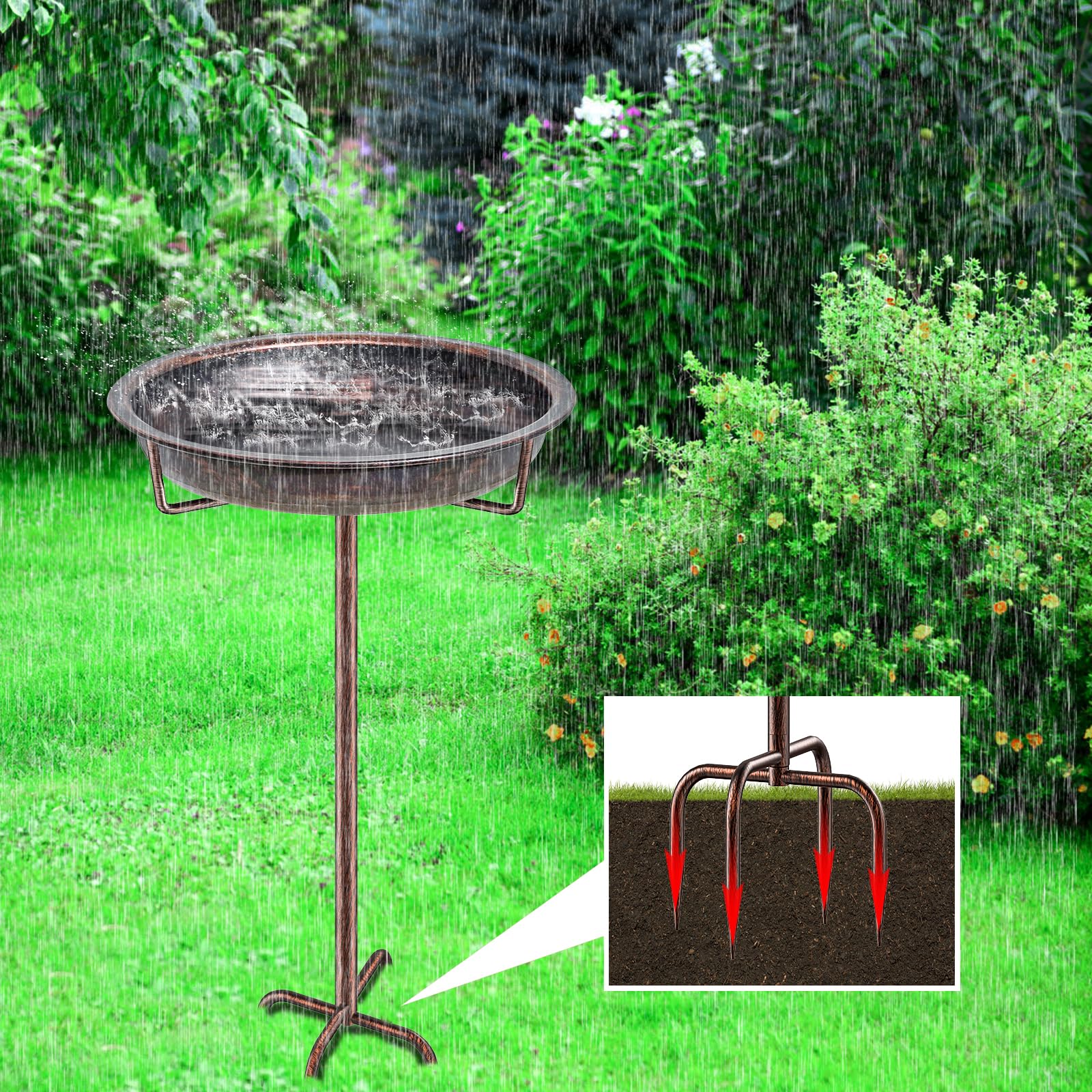 Bebedero para pájaros de pie, baño para pájaros para exteriores, jardín, cuenco de metal, bebedero para pájaros silvestres, bebedero de agua, cuenco de agua, a prueba de heladas, comedero