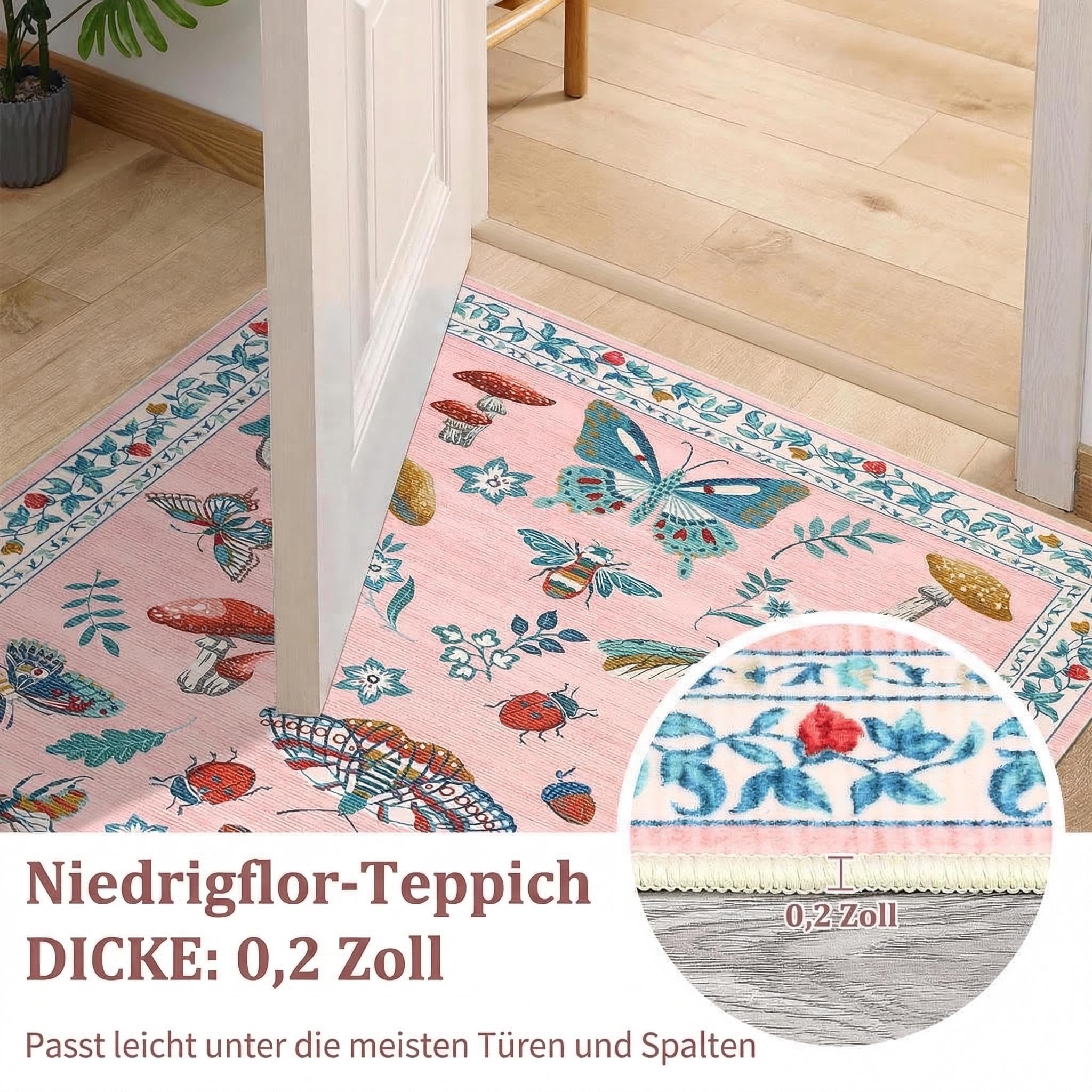CAROMIO Wald Teppich Kinderzimmer 200x290 cm Kurzflor Waschbar Altrosa