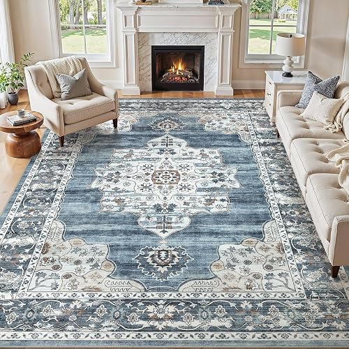 Jessibou 5x7 Washable Vintage Rug, Mist Blue