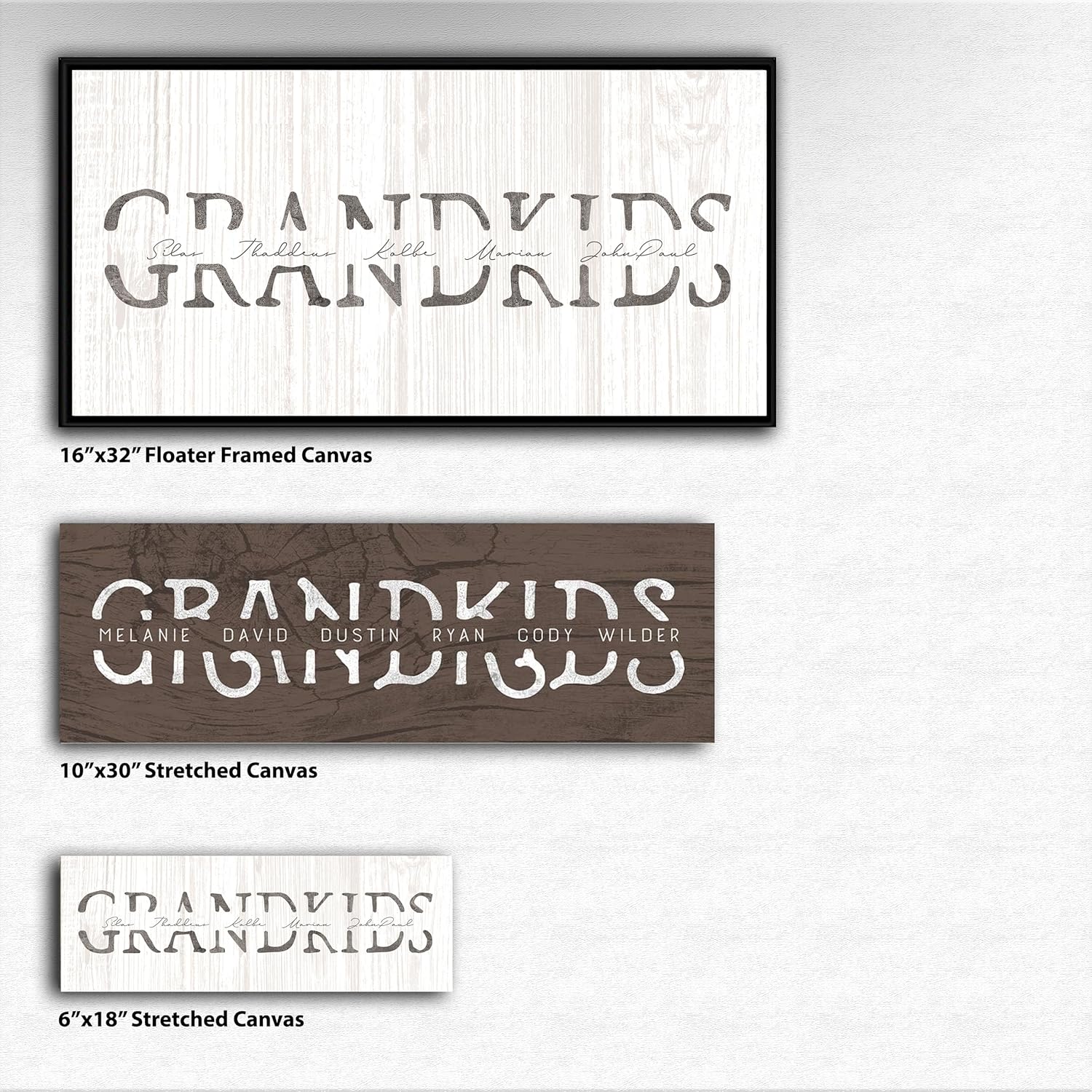 Grandkids - Personalized Art Gift for Grandparents (Rustic Woodgrain, 6.5"x18" Block Mount)