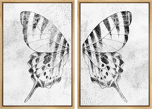 SIGNWIN Lienzo enmarcado para pared juego de arte de pared con alas de mariposa monarca en blanco y negro ilustraciones de naturaleza silvestre arte