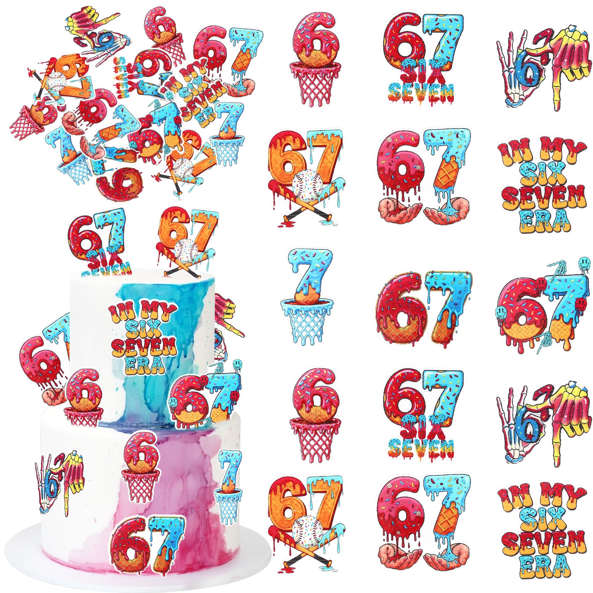 SYKYCTCY 63 Pack Edible Six Seven Cupcake Topper Cheers to 7 Years Funny Six Seven Cupcake Pick I Was 6 Now I'm 7 Cake Decoration for 7th Birthday Anniversary Party Cake Decorations Supplies