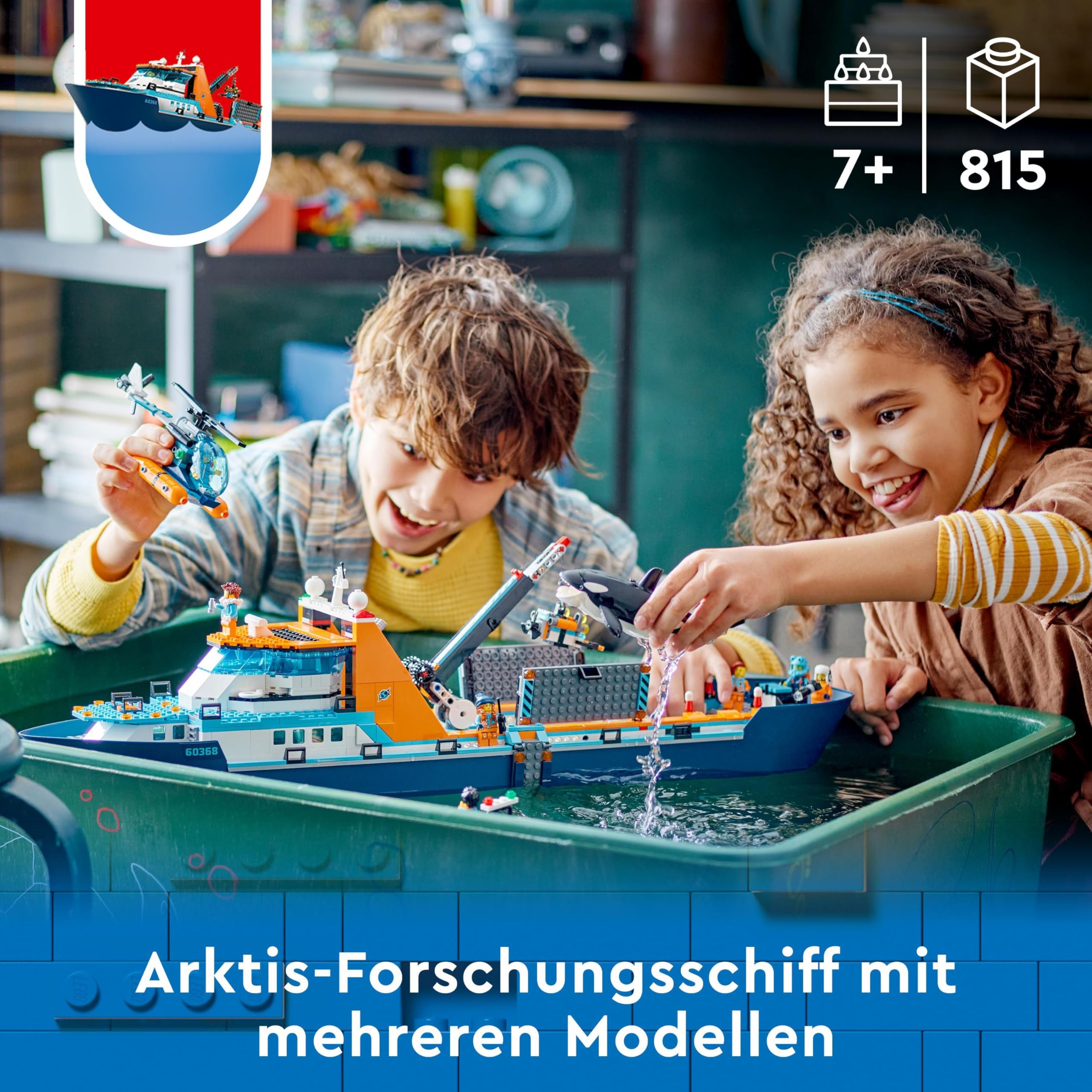 LEGO 60368 City Arktis-Forschungsschiff, großes schwimmfähiges Spielzeug-Boot mit Hubschrauber, Beiboot, ROV-U-Boot, Wikingerschiffswrack, 7 Minifiguren & Orca-Figur, Geschenk für Kinder ab 7 Jahren