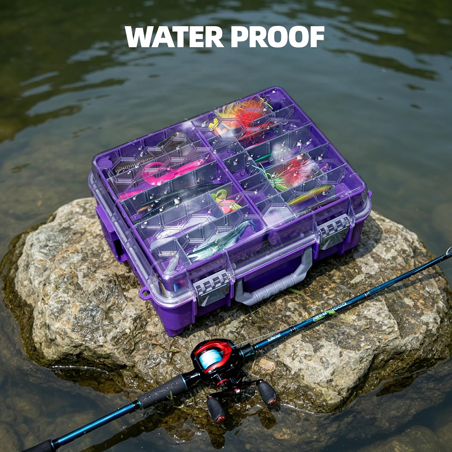 RUNCL Upgraded Large Capacity Waterproof Floating Tackle Box with Rod Holder, Airtight Organizer with Removable Trays for Lures Hooks Baits, Durable Fishing Gear Storage Gift for Anglers