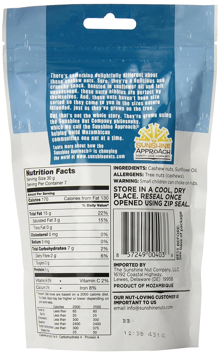 Sunshine Nut Company, Cashews Roasted and Perfectly Plain, 7 Oz (Pack of 6)