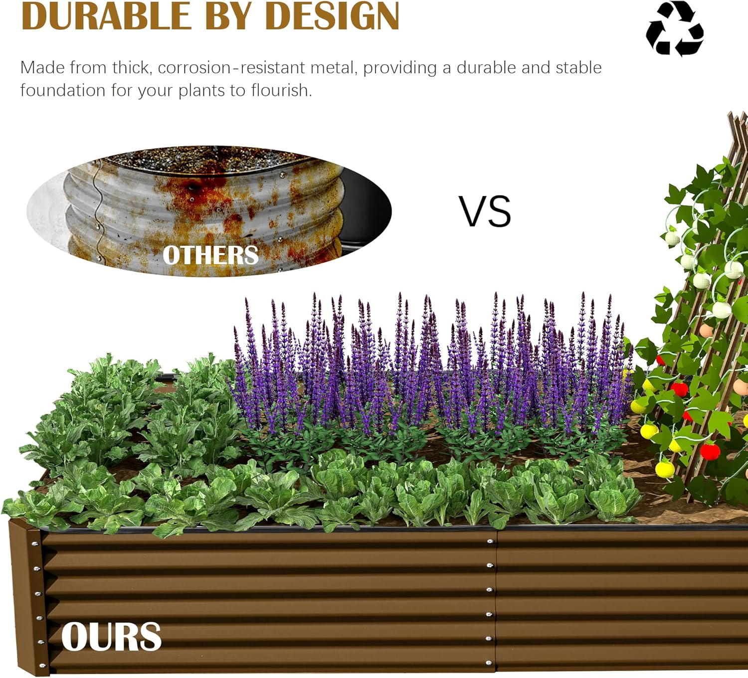 Domi 8x4x1.5ft Metal Raised Garden Beds Outdoor, Thickened Galvanized Steel Deep Root Planter Box with Stabilizing Bars & Rubber Edging for Vegetables, Flowers, Herbs - Brown