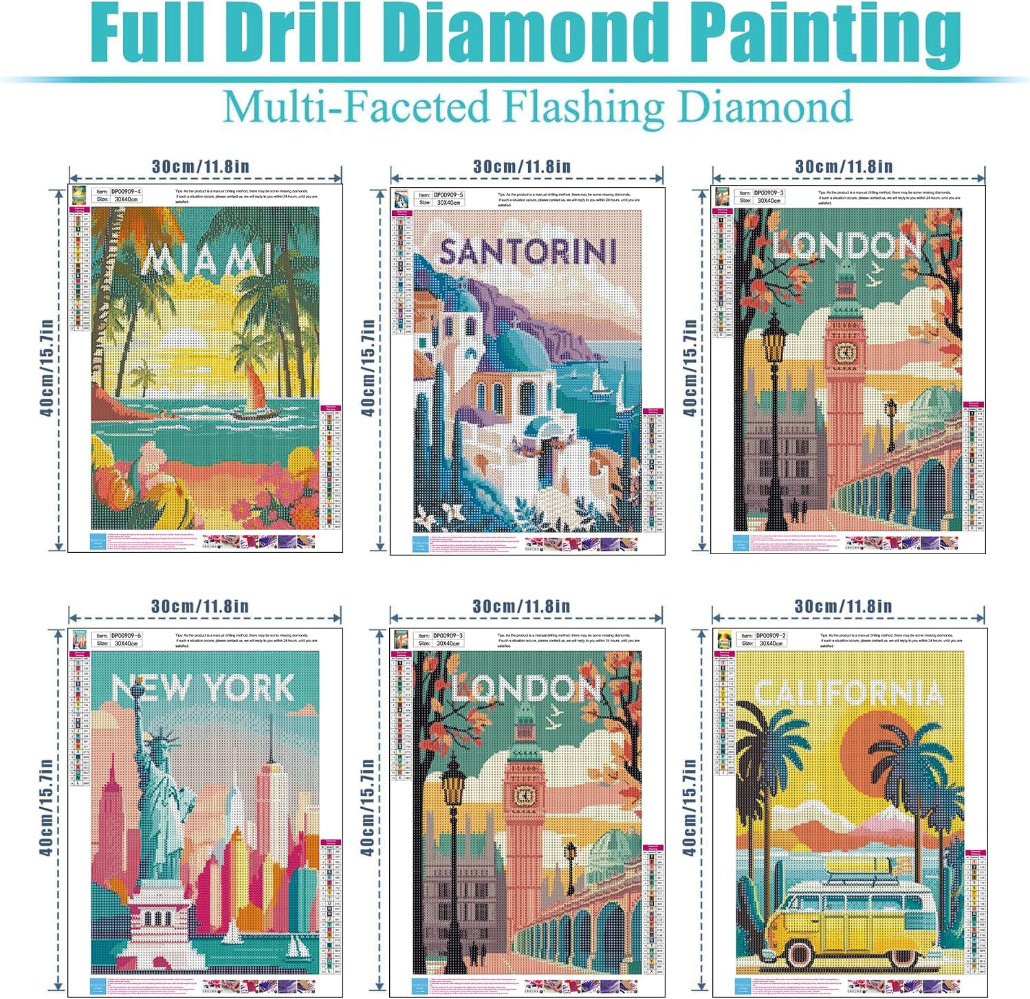 ARPADAMO 6 Pack Diamond Art Kits for Adults,5D City Travel Diamond Painting DIY Diamond Art Landscape Diamond Painting Art Kit for Adult,Round Full Drill Diamonds,Diamond Kit for Home Decor-12x16inch