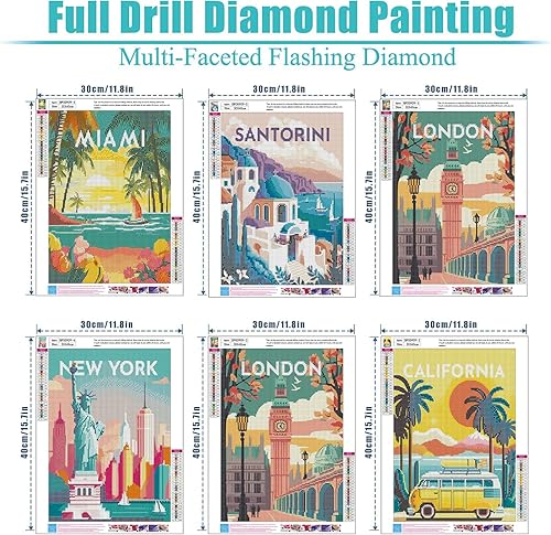 Miniatura 4 de ARPADAMO Paquete de 6 kits de diamantes para adultos, pintura de diamante de viaje 5D por la ciudad, arte de diamante, arte de paisaje de diamantes